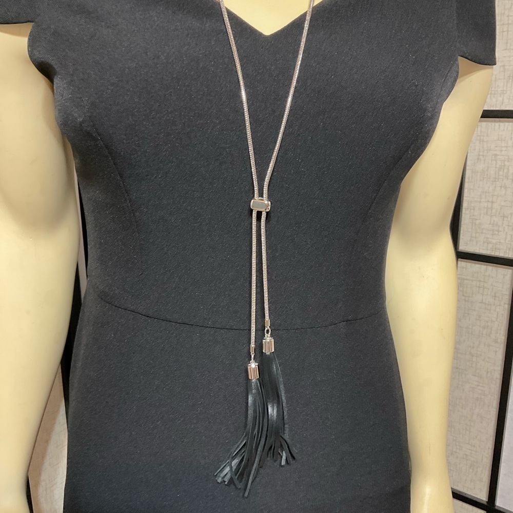 Whbm Long Silver Chain Necklace with Black Tassels